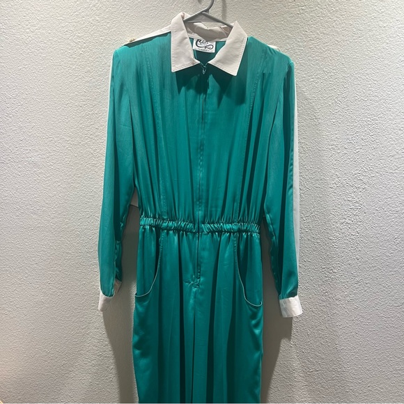 Cybil's collection Palm Beach size Small teal and white 80s long sleeve jumpsuit - Picture 1 of 16